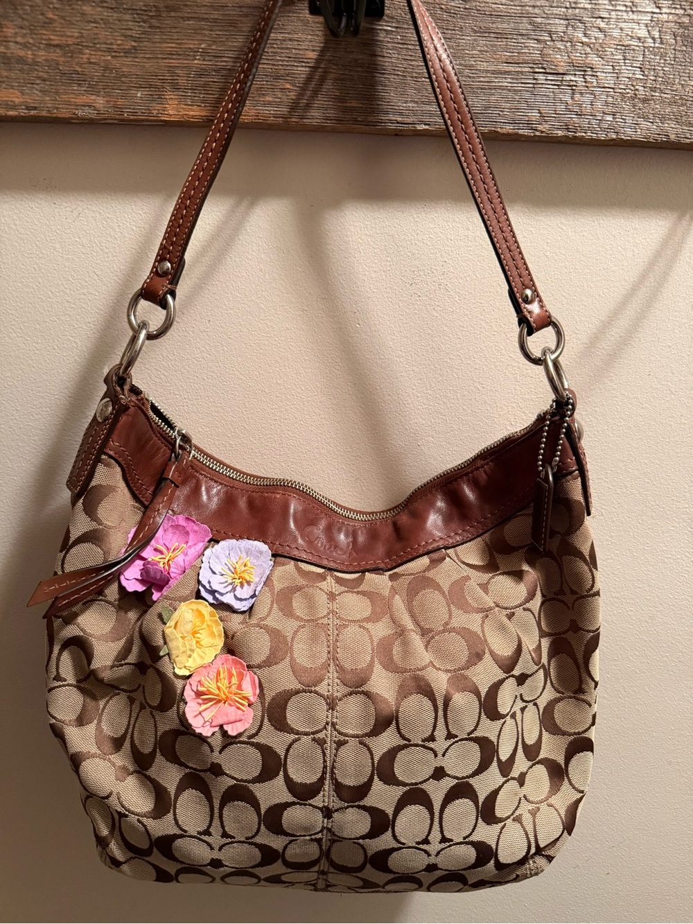 COACH F13744 Ashley Hobo Shoulder Bag Crossbody Purse Khaki Logo Brown Leather